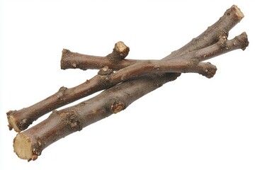 Stacked natural wooden sticks on a white background, suitable for crafts or decoration