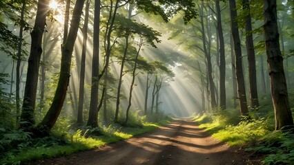 Obraz premium Sunlight Piercing the Morning Forest Trail