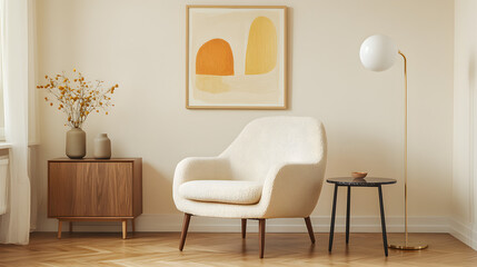 Luxurious Scandinavian lounge corner, off-white boucle fabric accent chair, small black marble side table, brass floor lamp with spherical glass shade, oak parquet flooring, light beige walls,