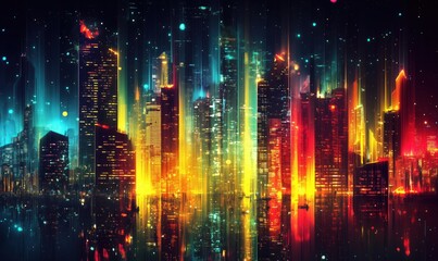 Fototapeta premium Vibrant city skyline at night with colorful lights and reflections in water