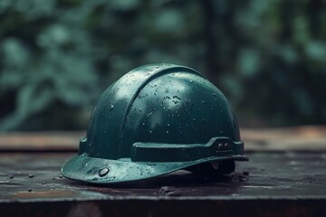Dark green safety helmet resting on a wooden surface.