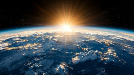 Sunrise From Space Above Earth with Rays of Light and Clouds