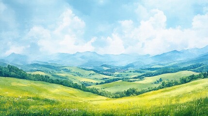 Rolling green hills are set against a clear blue sky and fluffy white clouds, the Tuscan-style landscape is bathed in a soft morning mist, and the watercolor effect shows the tranquil rural beauty.