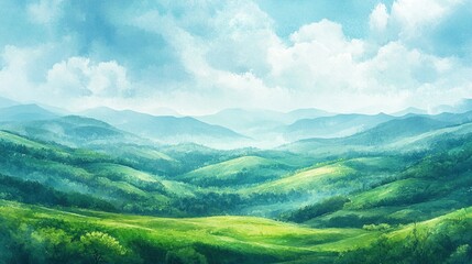 Naklejka premium Rolling green hills are set against a clear blue sky and fluffy white clouds, the Tuscan-style landscape is bathed in a soft morning mist, and the watercolor effect shows the tranquil rural beauty.