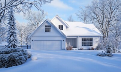 Charming winter home covered in snow with serene landscape and clear blue sky