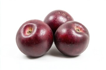 Fototapeta premium Three glossy red apples arranged in a cluster on a clean white background