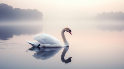 Fototapeta premium Elegant swan gracefully gliding on calm water, reflecting the soft light on a misty morning.