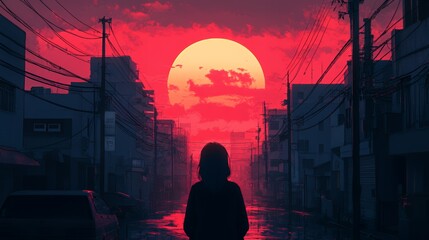 Fototapeta premium A silhouette of a figure against a vibrant sunset in an urban setting.