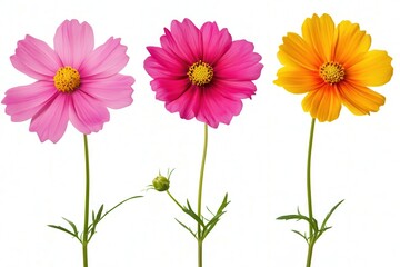 Three vibrant cosmos flowers in pink, magenta, and yellow against a white background