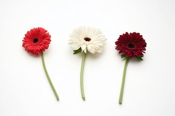 Three vibrant gerbera daisies in red, white, and deep burgundy against a clean backdrop
