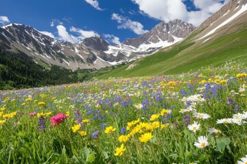 Fototapeta premium Alpine meadow landscape filled with colorful wildflowers set against stunning mountain views