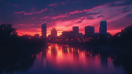 Fototapeta premium Stunning sunset over a city skyline with vibrant pink and purple hues reflecting on water.
