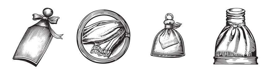 Vintage Sketches of Decorative Bags and Bottles with Ties, Set Logo design, Vector Illustration, Engraving style