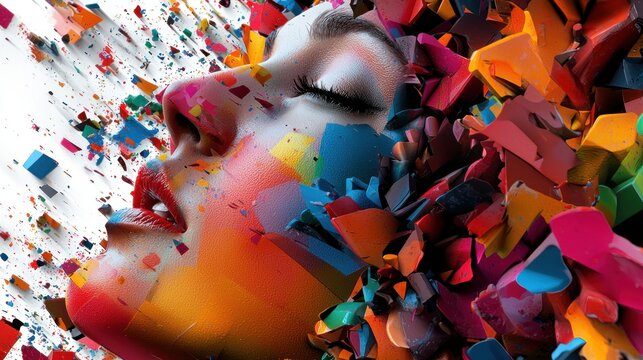 Colorful woman face, abstract, exploding, vibrant background