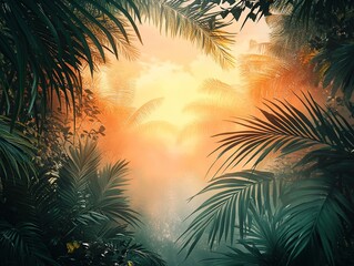 Lush tropical sunrise through dense foliage