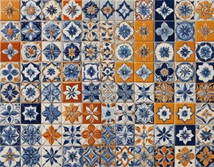 A close-up view of a vibrant tiled wall featuring an intricate pattern of orange and blue tiles, showcasing their glossy textures and unique designs.