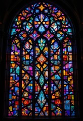 Fototapeta premium A vibrant stained glass window in a grand cathedral, featuring intricate designs of saints and nature, casting colorful light onto the stone floor.