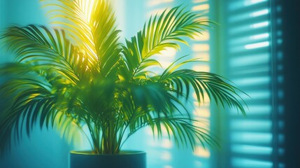 Fototapeta premium Vibrant indoor palm plant bathed in soft light