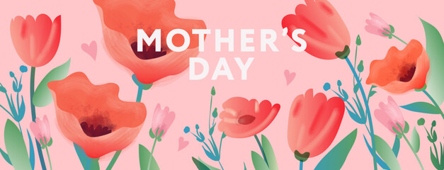 Mother's Day poster or banner with flowers. Promotion and shopping template, vector illustration