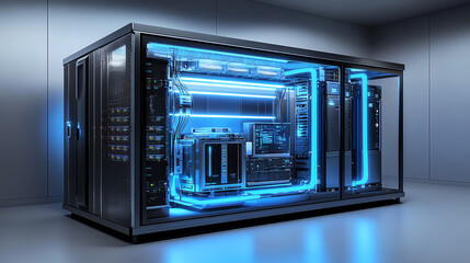 Hyper-realistic 8K rendering of a next-gen hydrogen-powered data center with modular racks, advanced cooling, and sleek high-tech materials. Futuristic, energy-efficient, and ultra-detailed