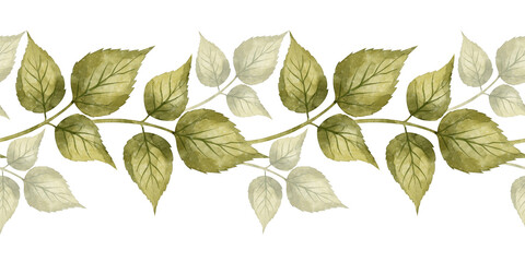 Fototapeta premium Seamless border of green foliage in watercolor technique on a white background. Suitable for product packaging, eco-friendly branding, botanical prints, invitations, and natural-themed decorations.