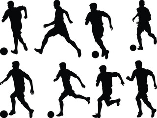 Silhouette illustration of soccer players kicking and running with soccer balls around them