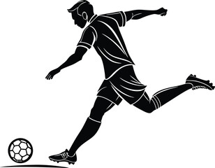 Naklejka premium A black silhouette of a football player kicking a ball with a white background design art