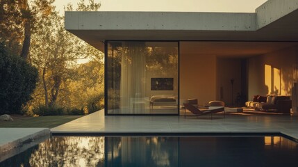 Fototapeta premium Modern luxurious residence with a pool reflects beautiful trees and sunlight