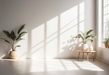 A bright, airy white room featuring two lush green potted plants, adding a touch of nature and vibrancy to the minimalist decor. Sunlight streams in.