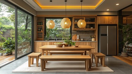 Solid wood dining table with four chairs and two benches in modern kitchen setting, featuring light brown cabinets. Ideal for family meals and interior design concepts.