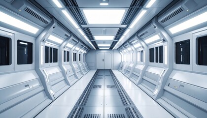 Clean, modern subway car interior shows a bright, empty space with parallel tracks receding into the distance, evoking a sense of tranquility and efficiency.