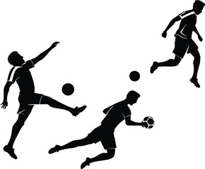 Silhouette illustration of three soccer players in action with balls on a white background