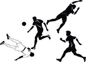 Silhouette illustration of soccer players in action with a ball on a white background