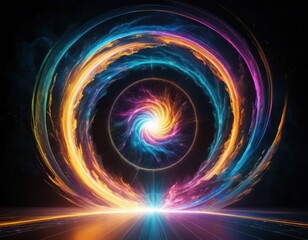 Obraz premium A vibrant, colorful swirl of hues intertwines, with dynamic light streaks weaving through, creating a mesmerizing, energetic visual effect.