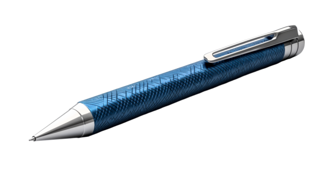 Blue patterned pen closeup on black, cut out transparent