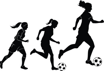 Silhouette of three female soccer players dribbling balls on a white background image art
