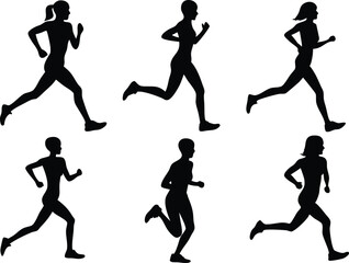 Six black silhouette figures of women running in various poses on a white background