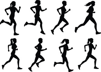 Eight silhouette illustrations of women running in various poses on a white background
