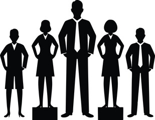 Silhouette of five people standing on pedestals against a white background design art