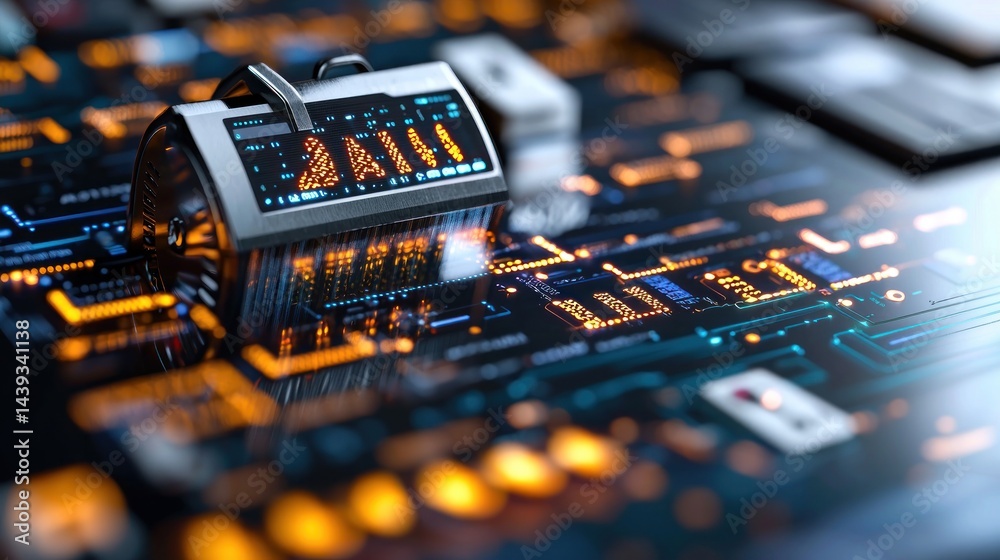 Wall mural futuristic device on a circuit board with glowing data displays