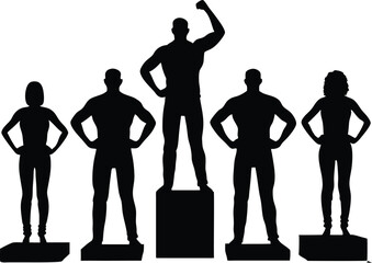 Silhouette of five people standing on platforms with one raising their fist in victory