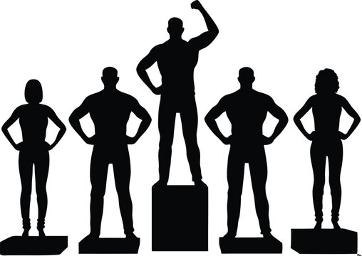 Silhouette of five people standing on platforms with one raising their fist in victory