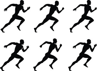 A repeating pattern of black silhouette runners in motion against a white background space