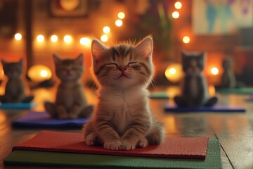 A kitten meditating on yoga mat with eyes closed, serene face. Use for wellness blogs or ads promoting peaceful relaxation methods.
