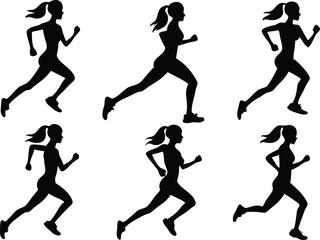 Silhouette pattern of woman running in athletic pose on white background in various positions