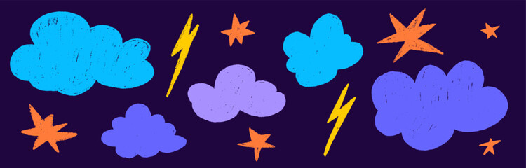 Crayon cloud texture with sky, star and lightning. Crayon kid scribble naive design. Blue cloud, yellow lightning and orange star with chalk texture. Vector illustration