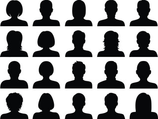 Collection of black silhouette head and shoulder portraits of various people types heads