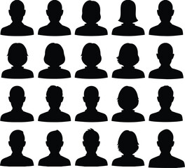 Collection of black silhouette avatars of people with various hairstyles and head shapes