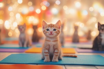 Orange tabby kitten sits pretty on a yoga mat, surrounded by other cats. Use it for adorable cat-themed content, a fun yoga class promotion.