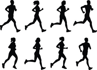 Silhouette illustrations of eight people running isolated on a white background